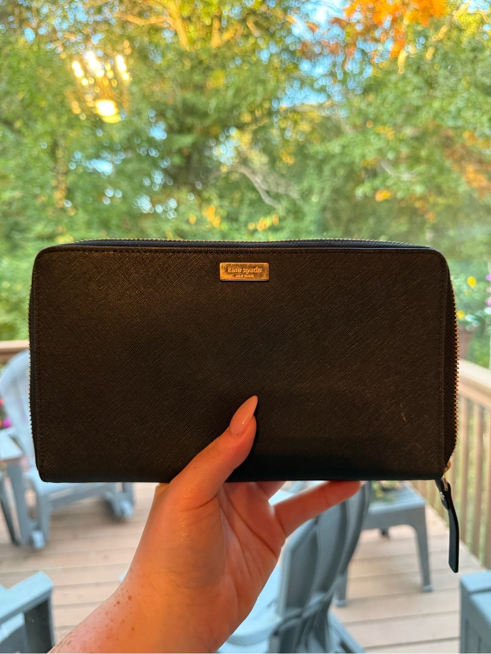 kate spade Black Saffiano Zip-Around Wallet with Gold Logo